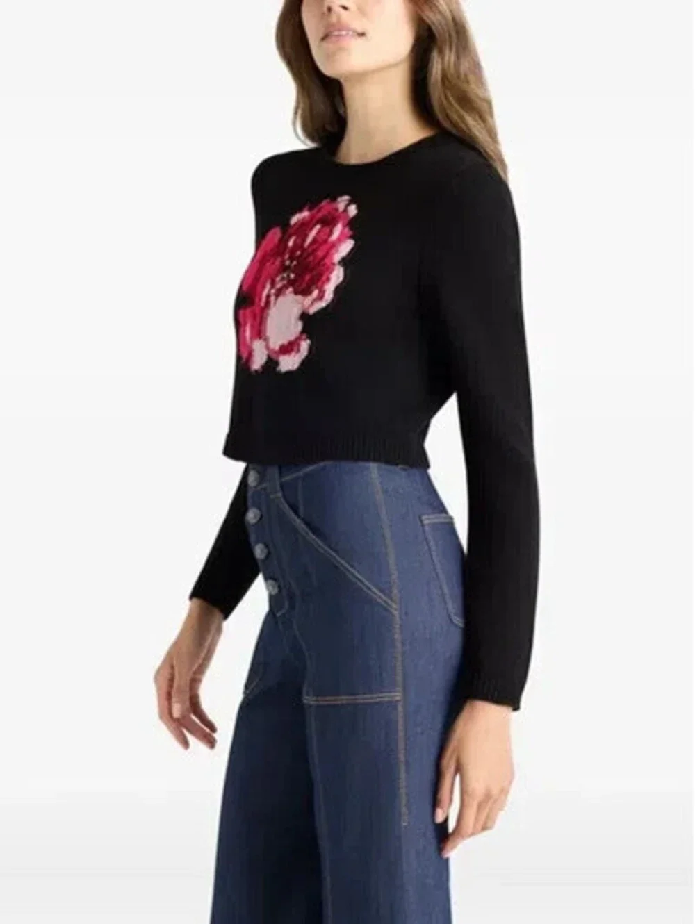 NEW, Cinq A Sept Heritage Rose Issa Wool Blend Crop Sweater Black Sz S #S7726